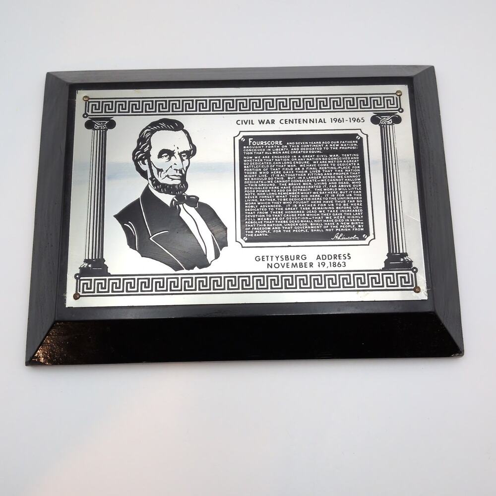 Vtg 60s Civil War Centennial Plaque Lincoln Gettysburg Address Small Metal Wood